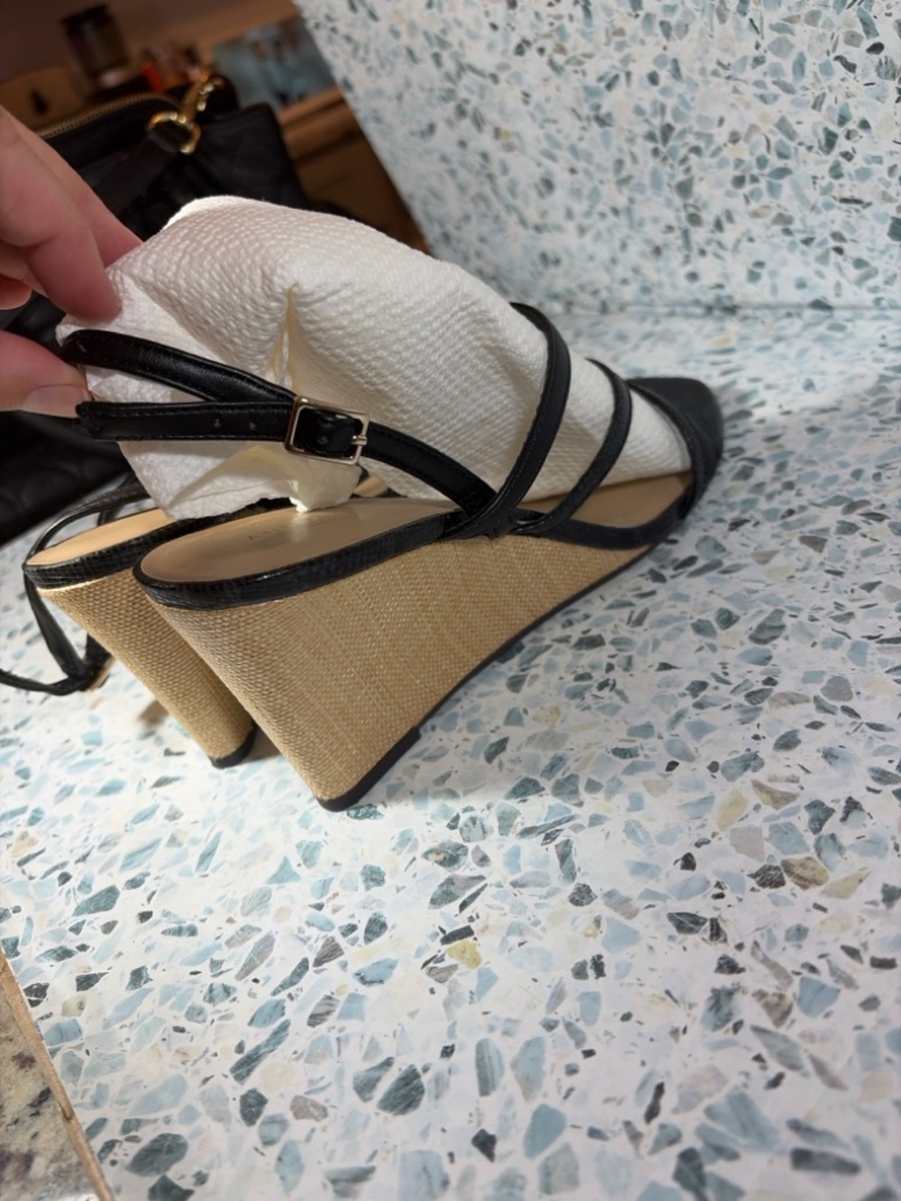 Ann Taylor Factory Black Strappy Wedge Sandals 8.5 - Picture 3 of 7